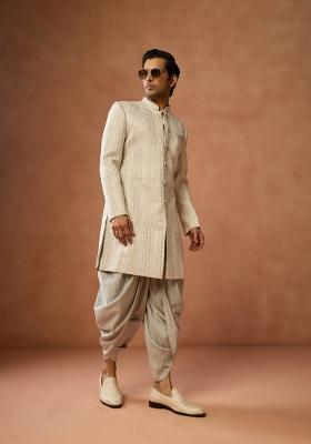 Cream Textured Silk Blend Sherwani Set For Men