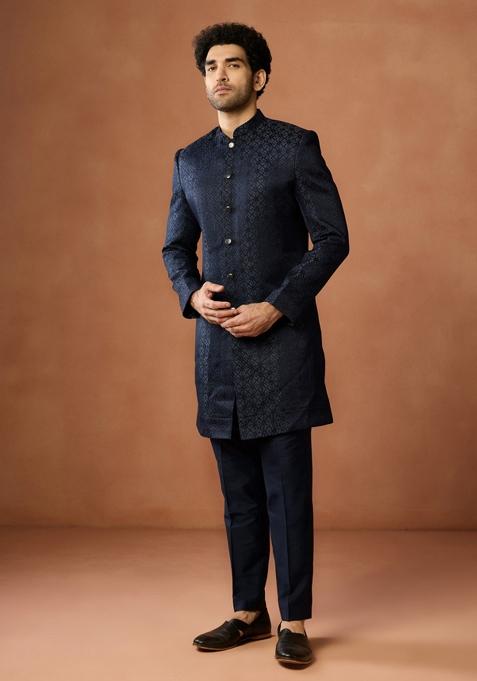 Black Textured Silk Blend Sherwani Set For Men