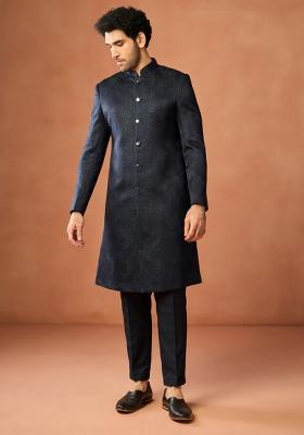 Blue Textured Silk Blend Sherwani Set For Men