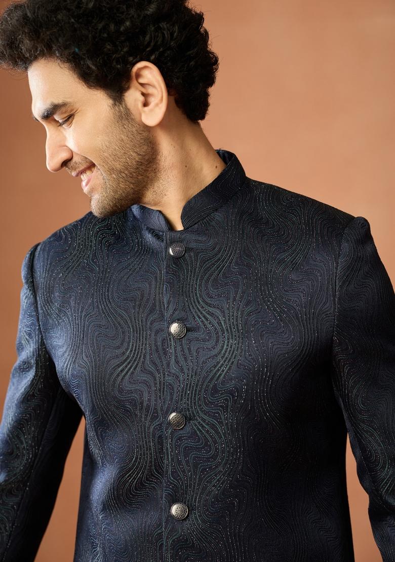 Blue Textured Silk Blend Sherwani Set For Men - Indya