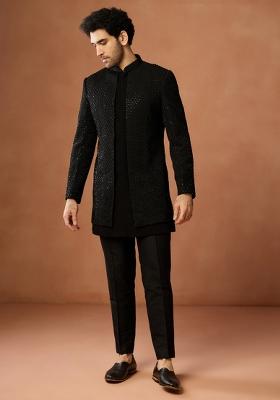 Black Embellished Silk Blend Sherwani Set For Men