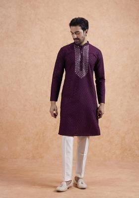 Maroon Embroidered Silk Blend Kurta Set For Men
