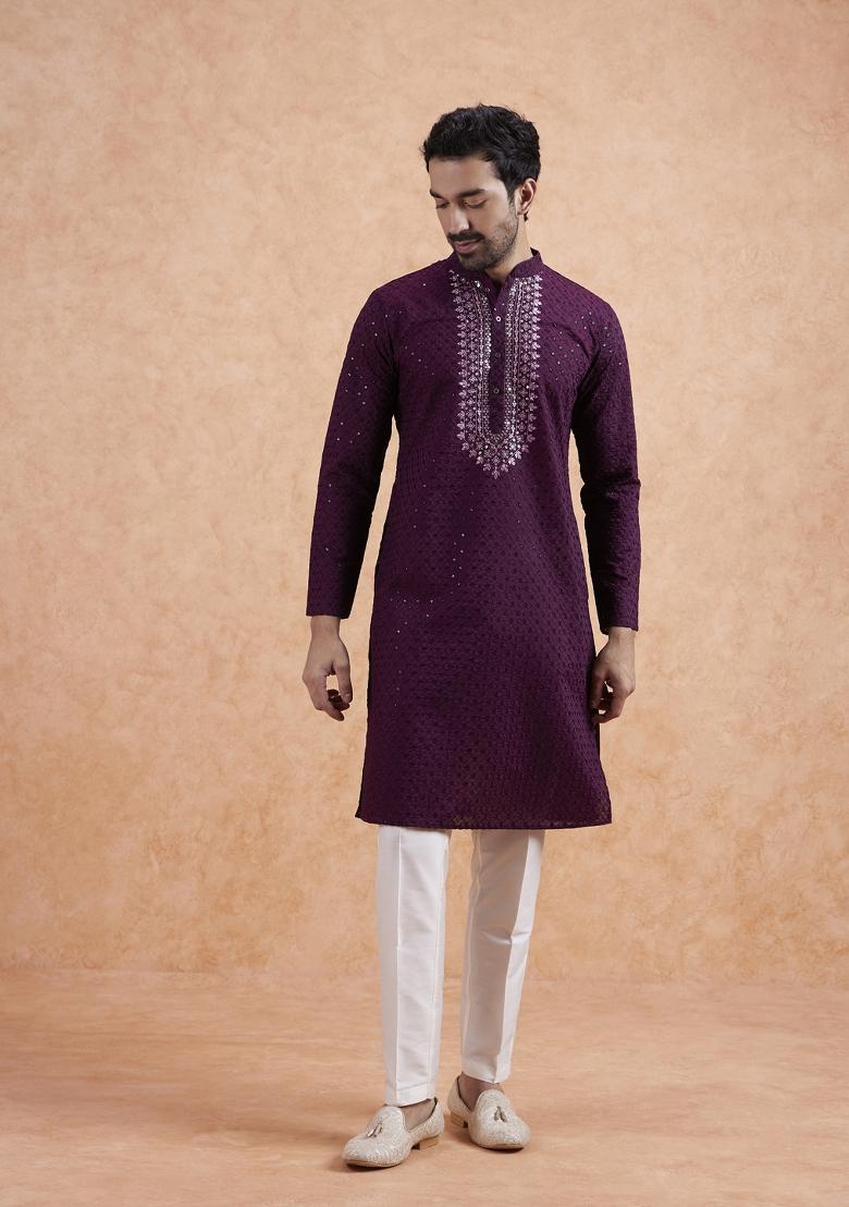 Maroon Embroidered Silk Blend Kurta Set For Men