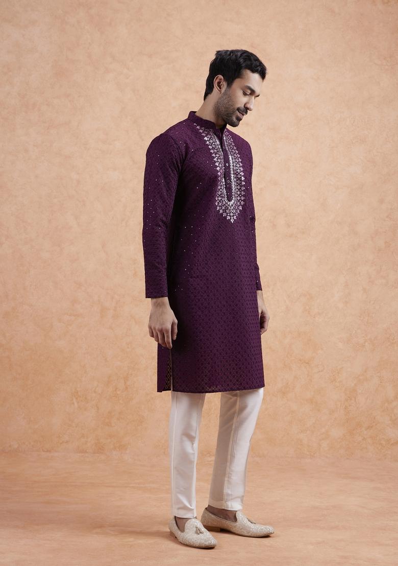 Maroon Embroidered Silk Blend Kurta Set For Men