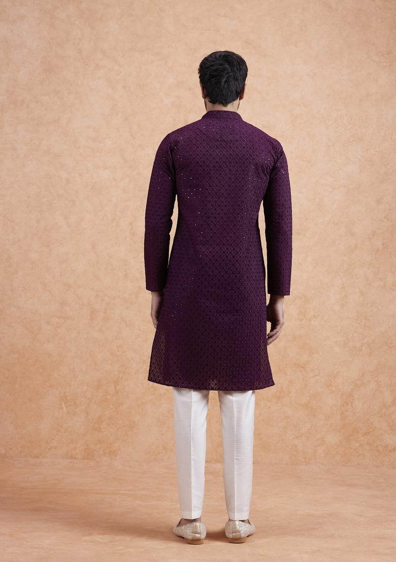 Maroon Embroidered Silk Blend Kurta Set For Men
