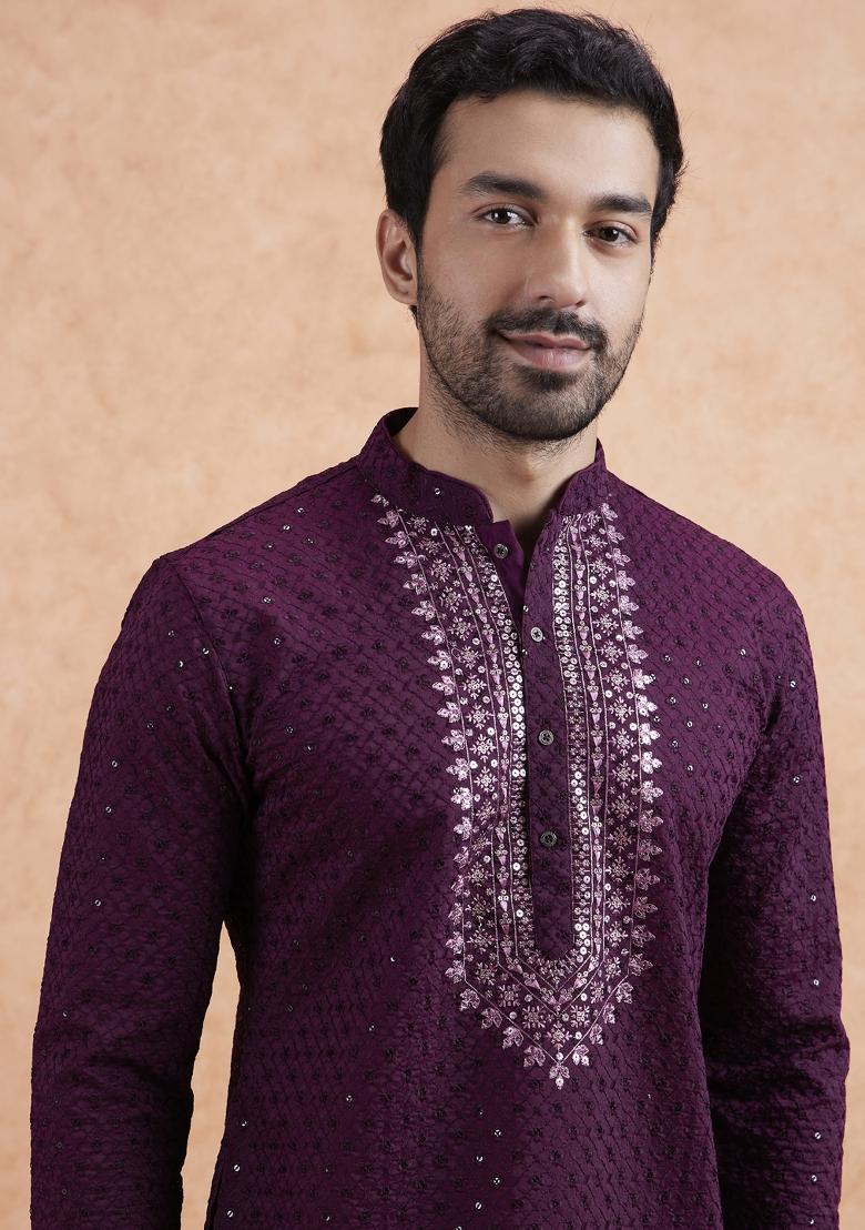 Maroon Embroidered Silk Blend Kurta Set For Men