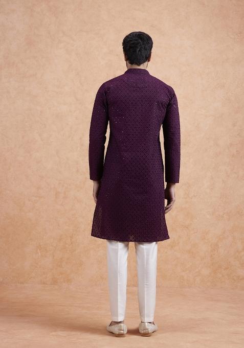 Maroon Embroidered Silk Blend Kurta Set For Men