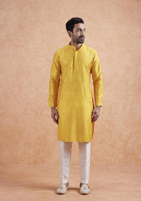 Yellow Textured Silk Blend Kurta Set For Men — view on Indya