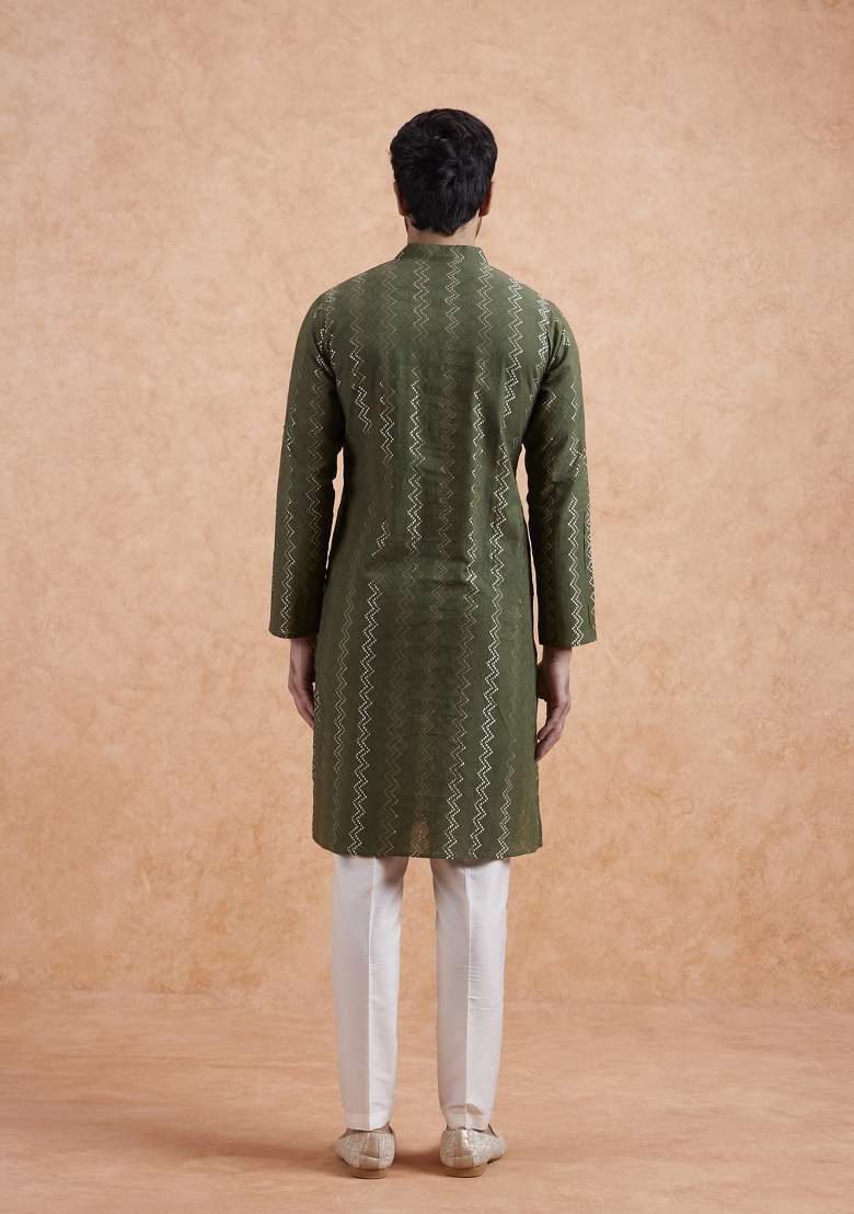 Green Textured Silk Blend Kurta Set For Men - Indya