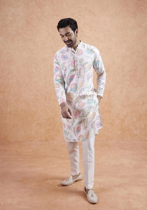 White Printed Silk Blend Kurta Set For Men — view on Indya