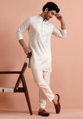 Cream Embroidered Silk Blend Kurta Set For Men