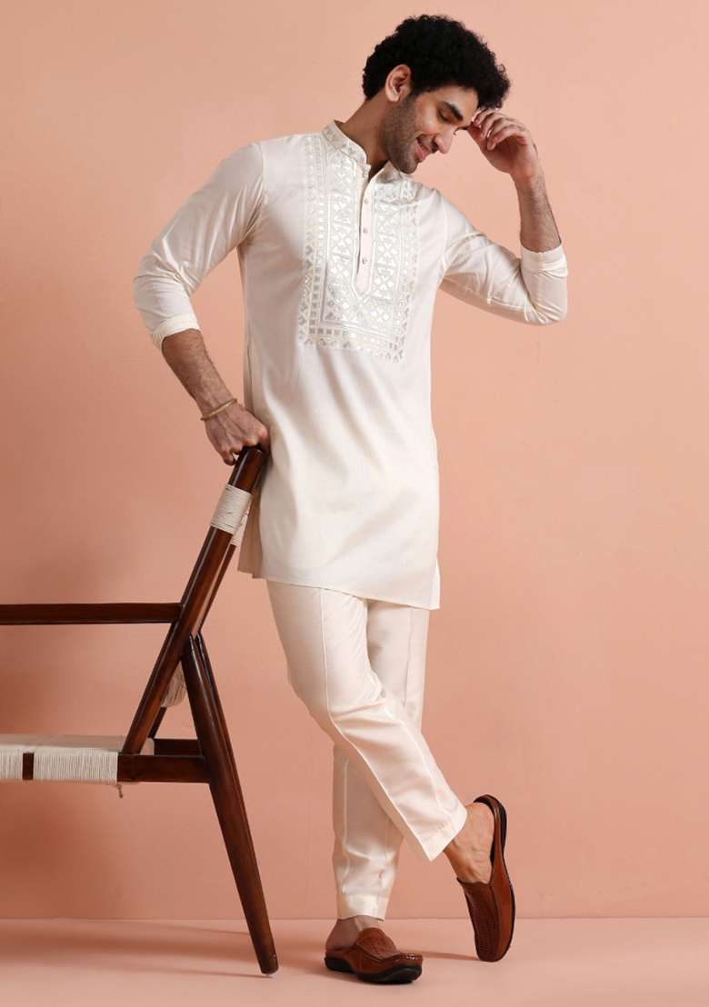 Cream Embroidered Silk Blend Kurta Set For Men - Indya