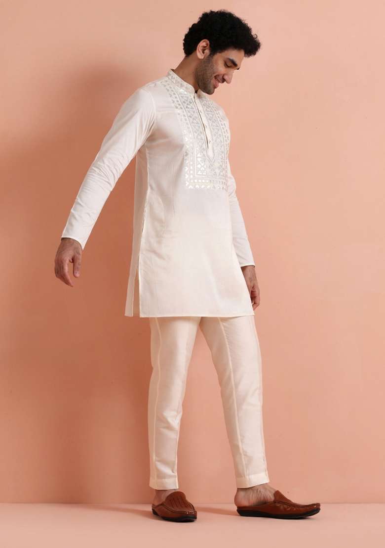 Cream Embroidered Silk Blend Kurta Set For Men - Indya