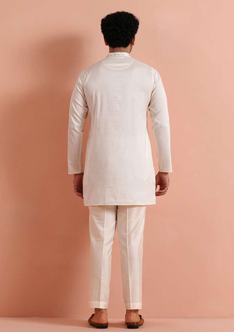 Cream Embroidered Silk Blend Kurta Set For Men - Indya