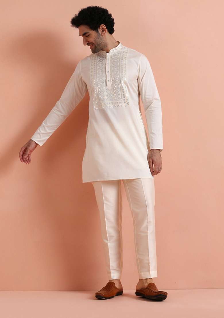 Cream Embroidered Silk Blend Kurta Set For Men - Indya
