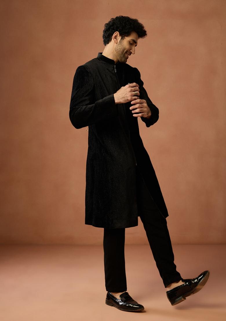 Black Textured Velvet Sherwani Set For Men