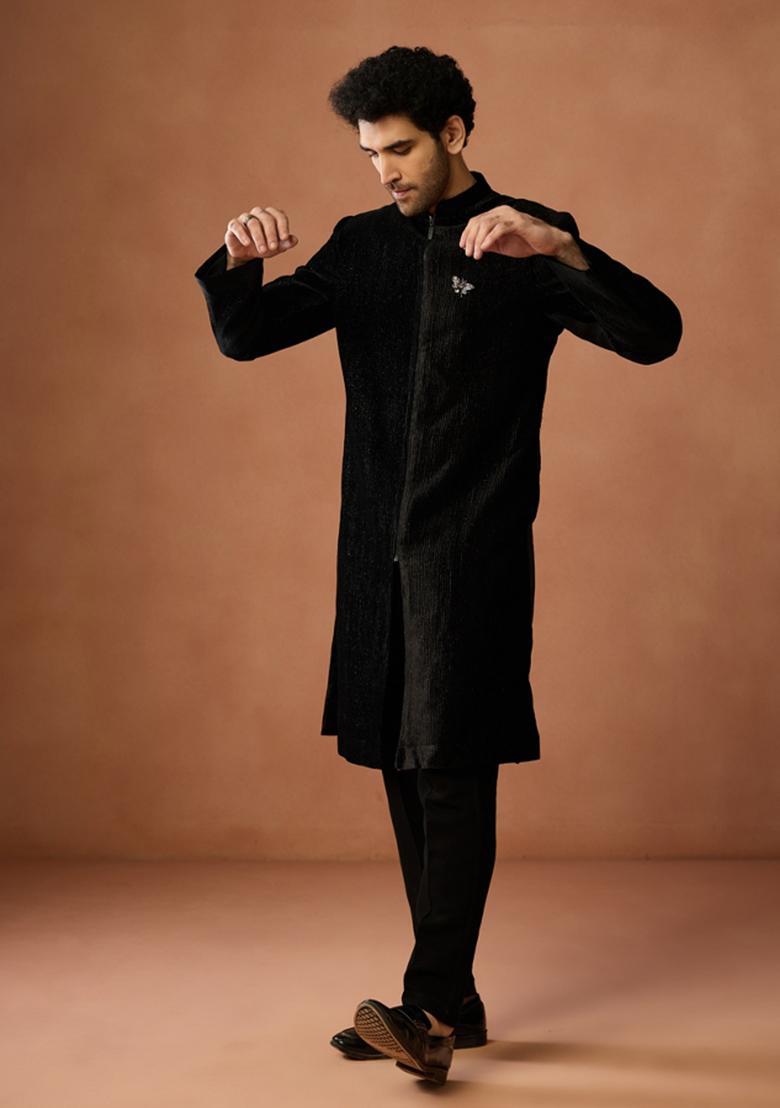 Black Textured Velvet Sherwani Set For Men