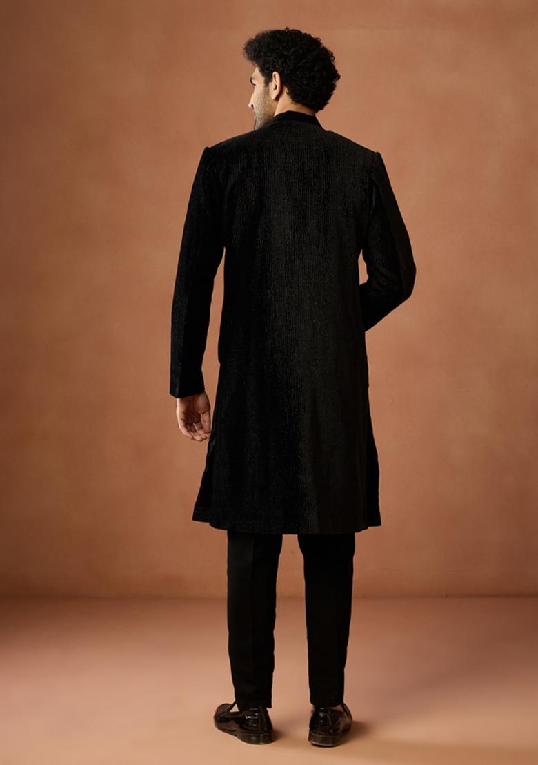Black Textured Velvet Sherwani Set For Men