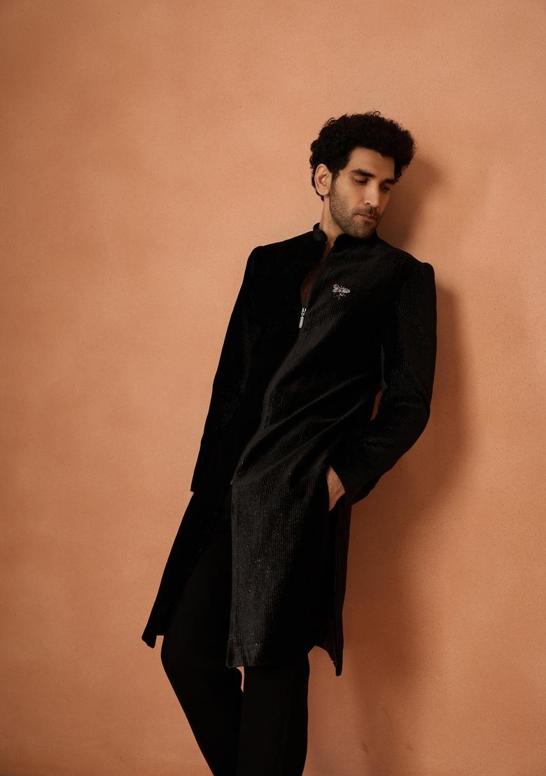Black Textured Velvet Sherwani Set For Men