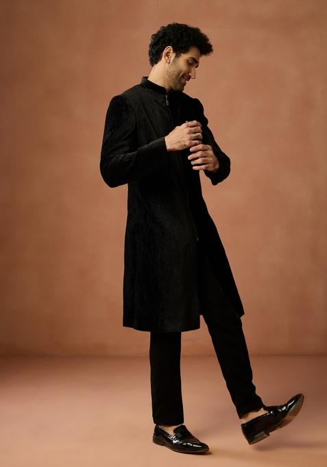 Black Textured Velvet Sherwani Set For Men