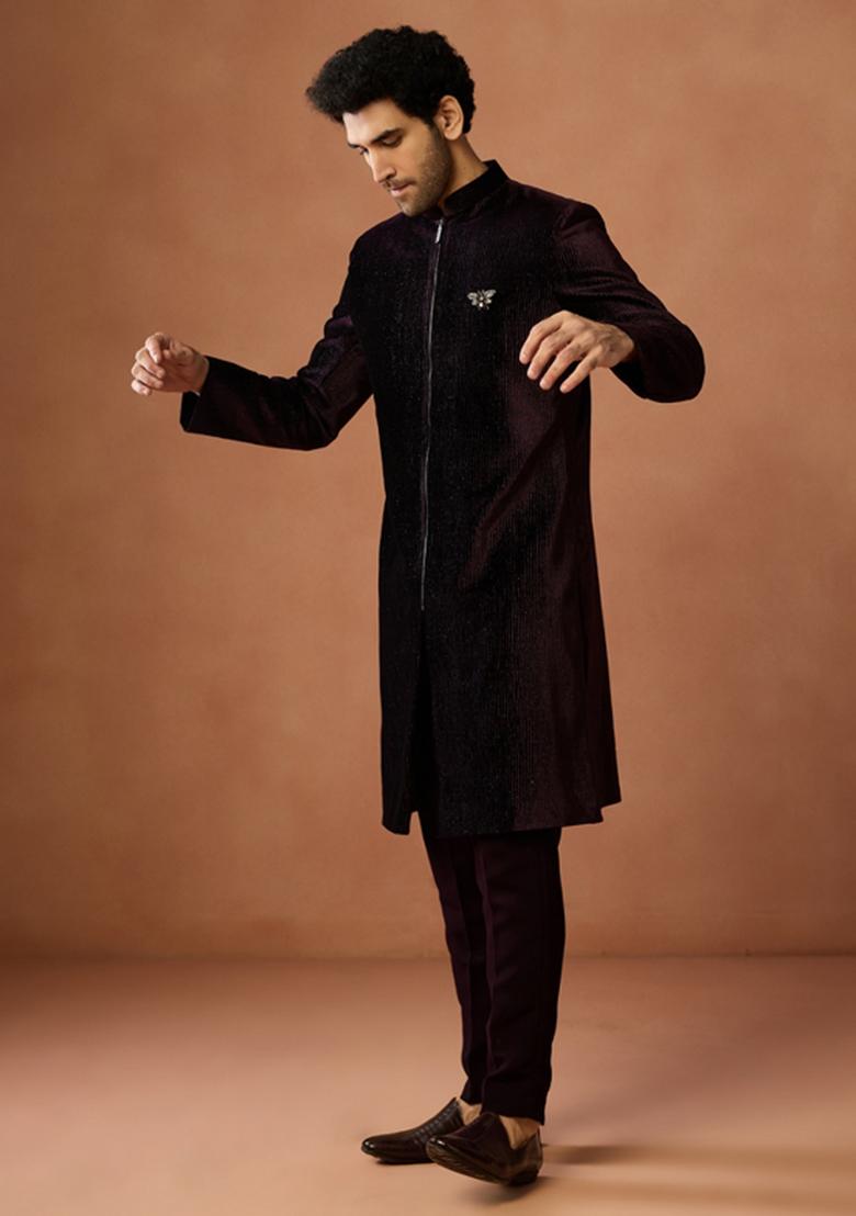 Wine Textured Velvet Sherwani Set For Men
