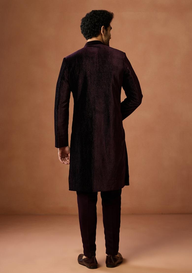 Wine Textured Velvet Sherwani Set For Men
