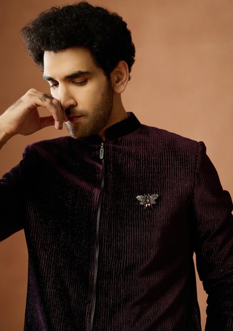 Wine Textured Velvet Sherwani Set For Men
