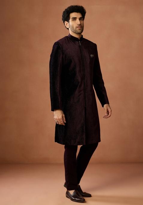 Wine Textured Velvet Sherwani Set For Men