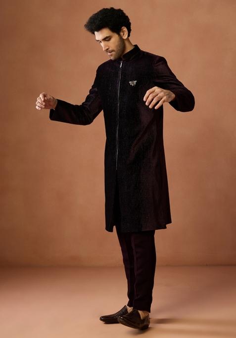 Wine Textured Velvet Sherwani Set For Men