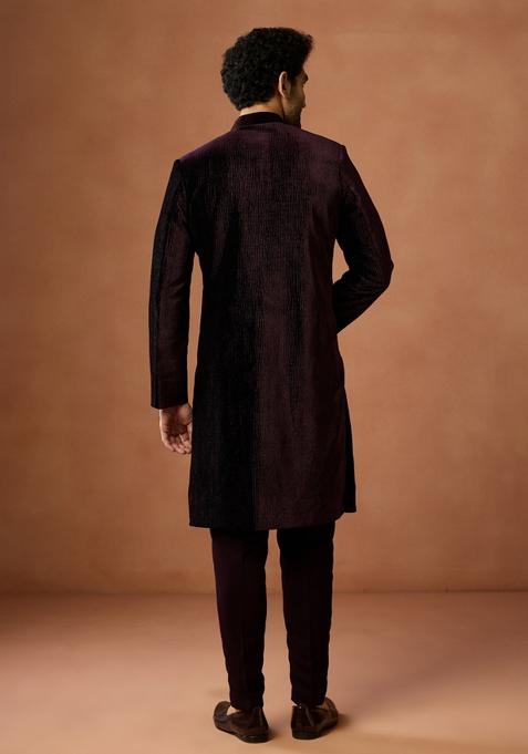 Wine Textured Velvet Sherwani Set For Men