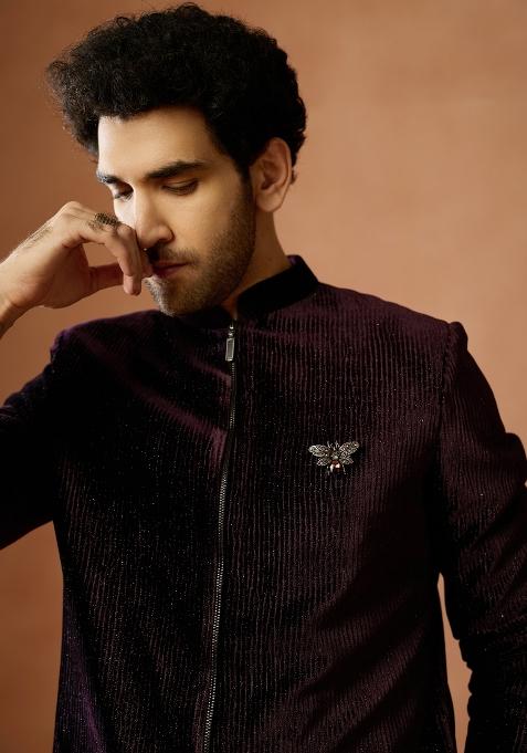 Wine Textured Velvet Sherwani Set For Men