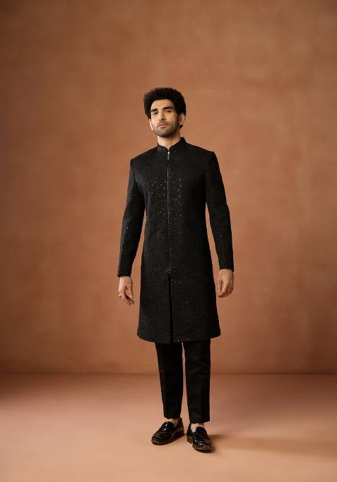 Black Embellished Art Silk Blend Sherwani Set For Men