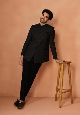 Black Embroidered Silk Blend Bandhgala Set For Men