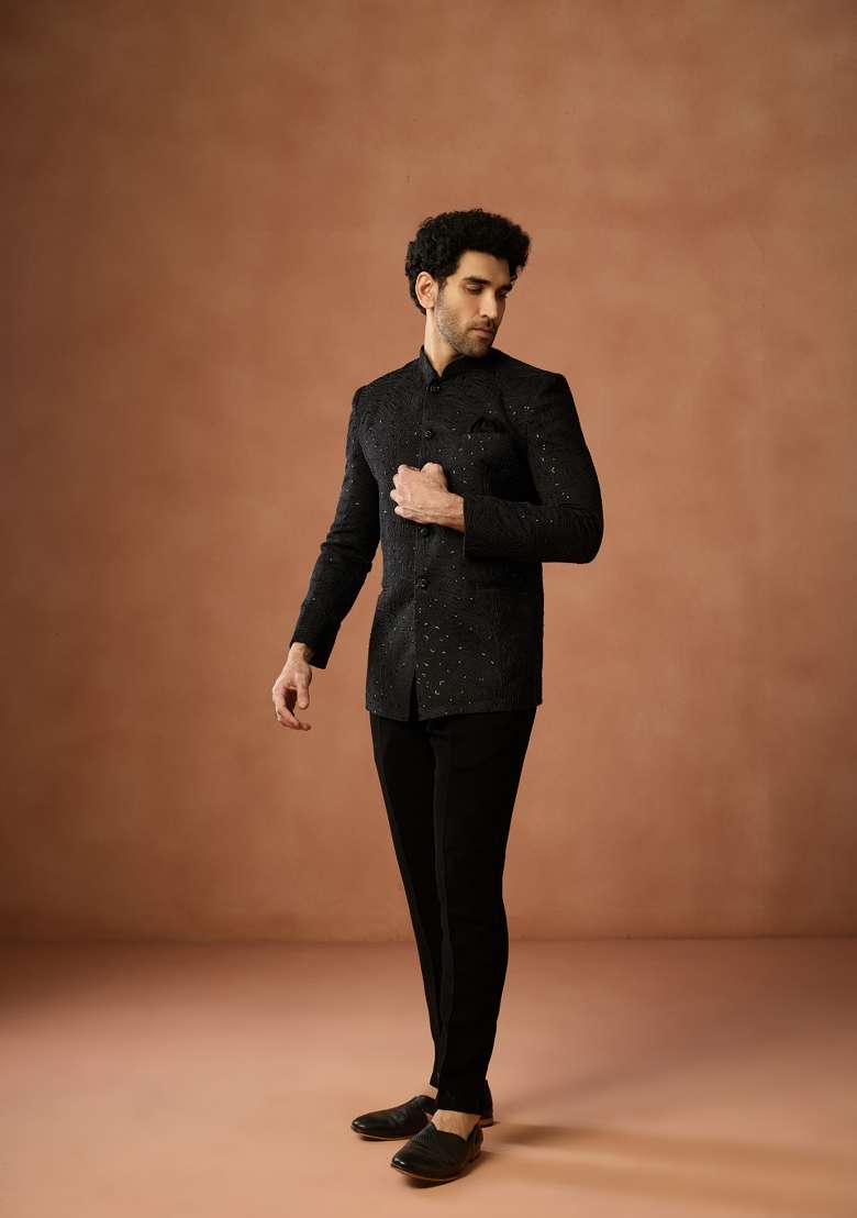 Black Embroidered Silk Blend Bandhgala Set For Men - Indya