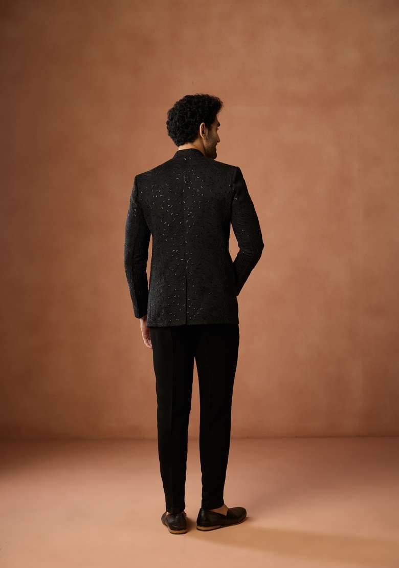 Black Embroidered Silk Blend Bandhgala Set For Men - Indya