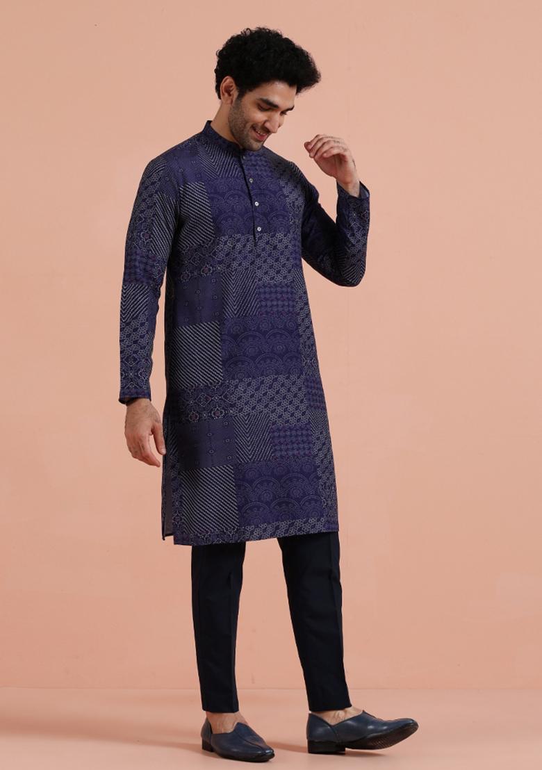 Blue Printed Silk Blend Kurta Set For Men