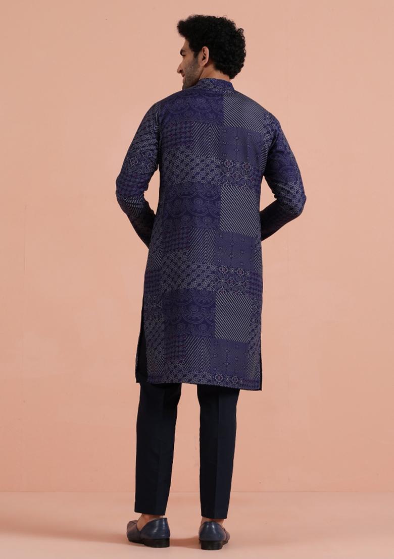 Blue Printed Silk Blend Kurta Set For Men