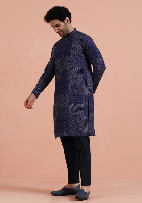 Blue Printed Silk Blend Kurta Set For Men