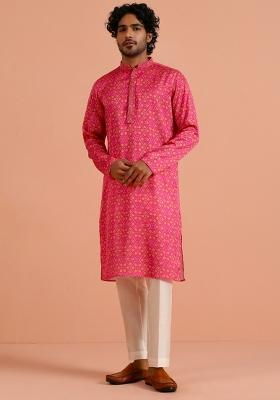 Pink Printed Silk Blend Kurta Set For Men
