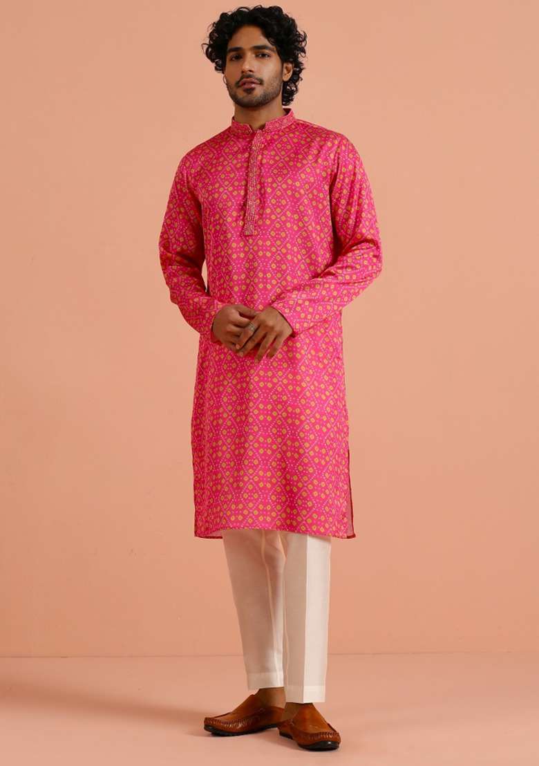 Pink Printed Silk Blend Kurta Set For Men - Indya