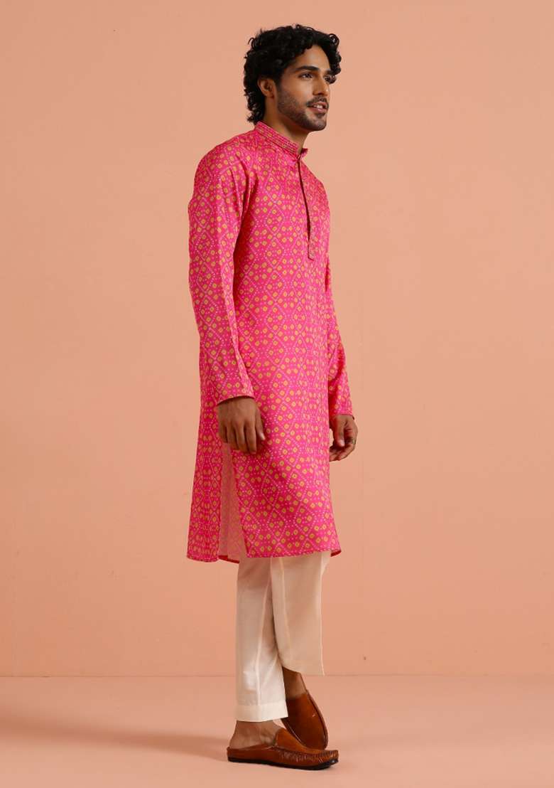 Pink Printed Silk Blend Kurta Set For Men - Indya
