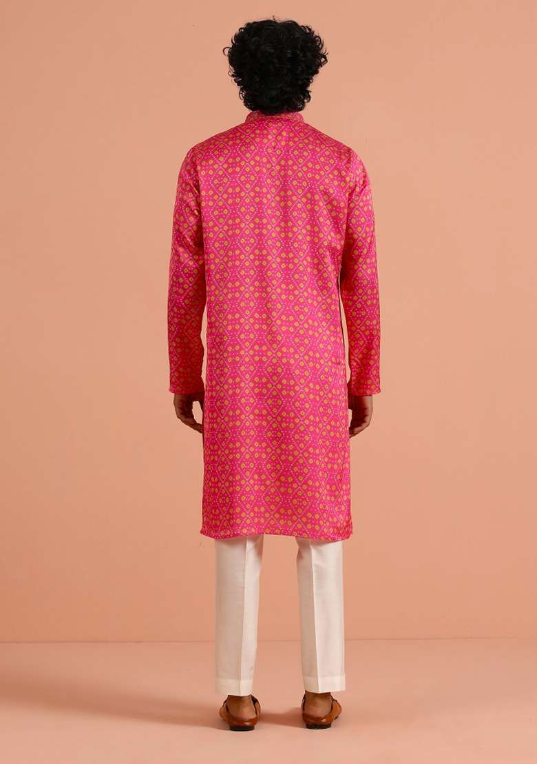 Pink Printed Silk Blend Kurta Set For Men - Indya