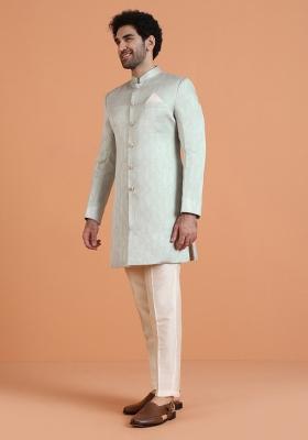 Green Textured Silk Blend Sherwani Set For Men
