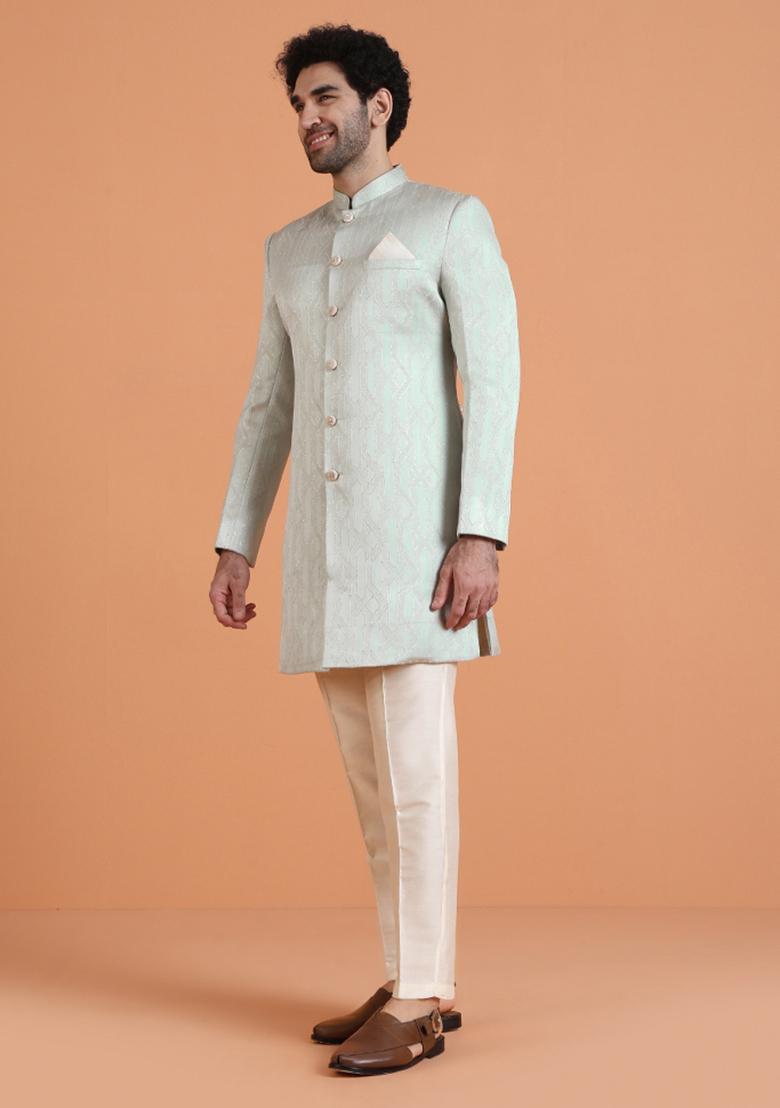 Green Textured Silk Blend Sherwani Set For Men