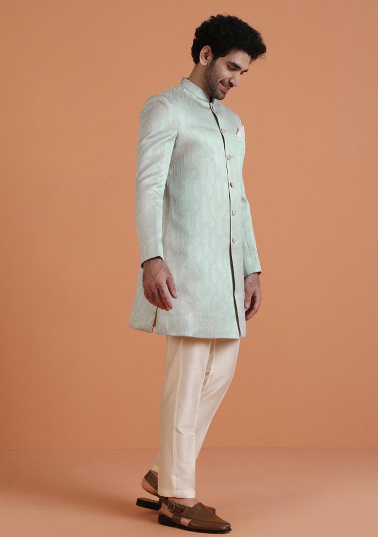 Green Textured Silk Blend Sherwani Set For Men