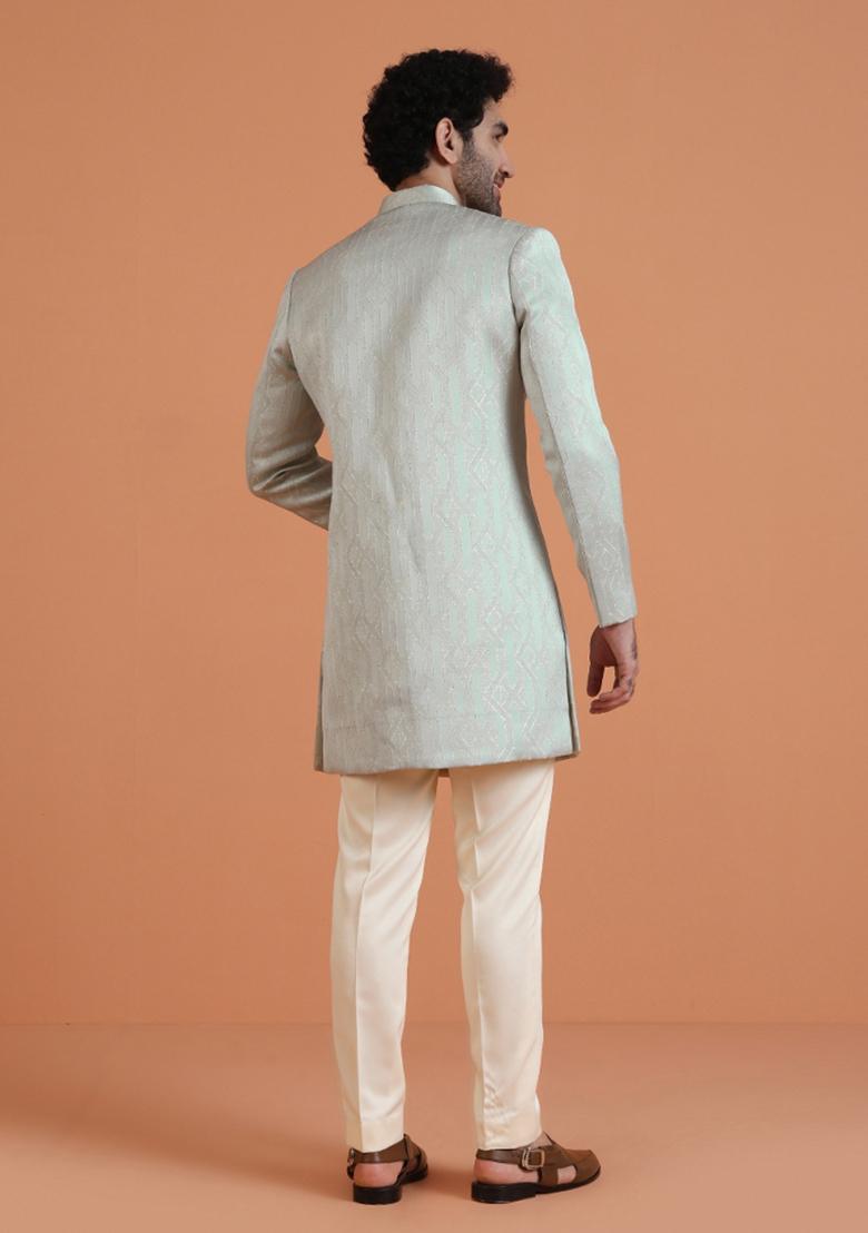 Green Textured Silk Blend Sherwani Set For Men