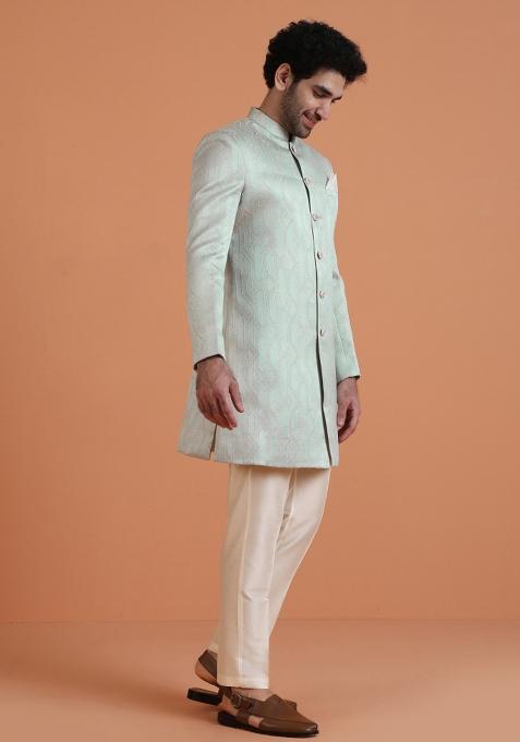 Green Textured Silk Blend Sherwani Set For Men