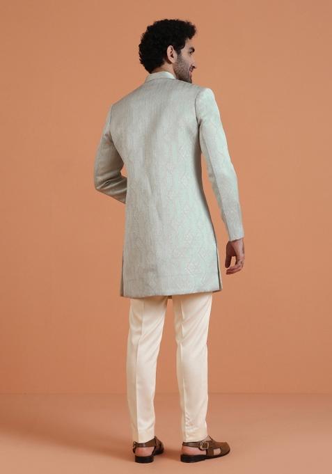 Green Textured Silk Blend Sherwani Set For Men