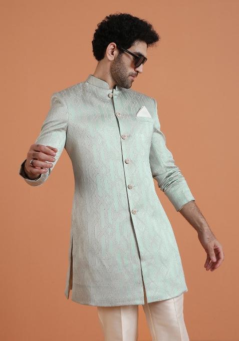 Green Textured Silk Blend Sherwani Set For Men