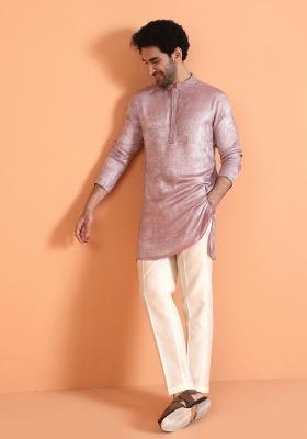 Pink Solid Silk Blend Kurta Set For Men